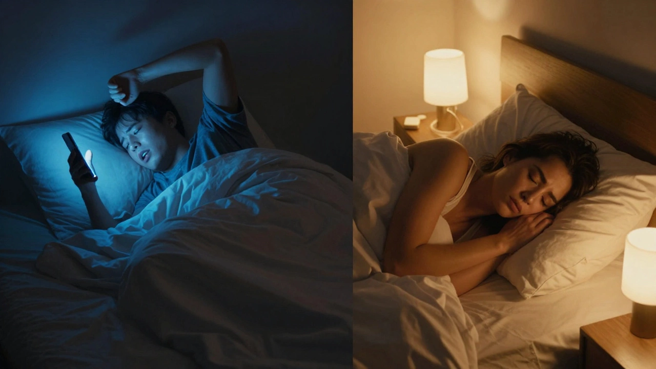 Split image: stressed insomniac with phone vs peaceful sleeper in dark room