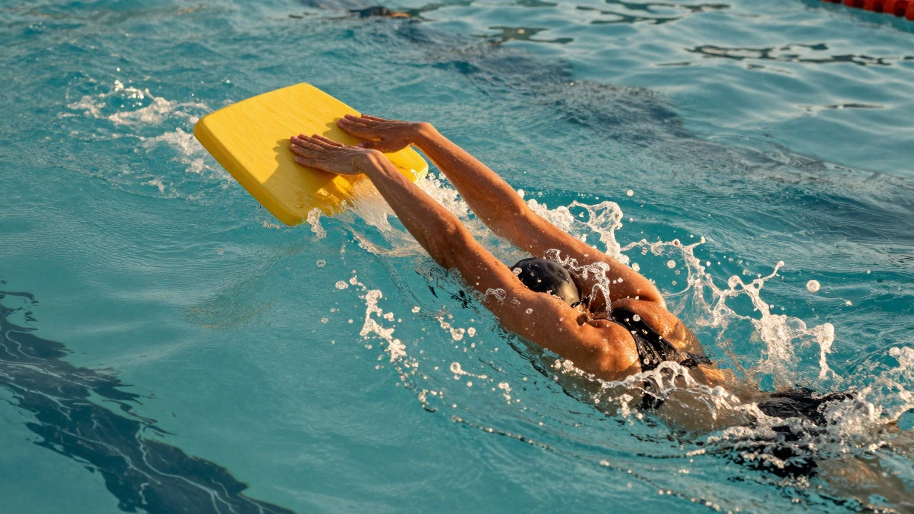 Swimmer using kickboard for leg workout in pool