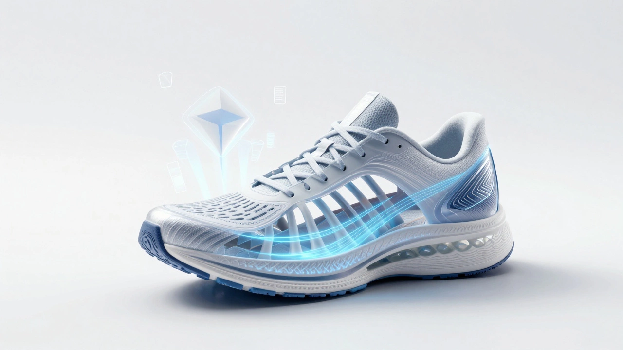 Transparent cutaway of running shoe showing foam and support tech