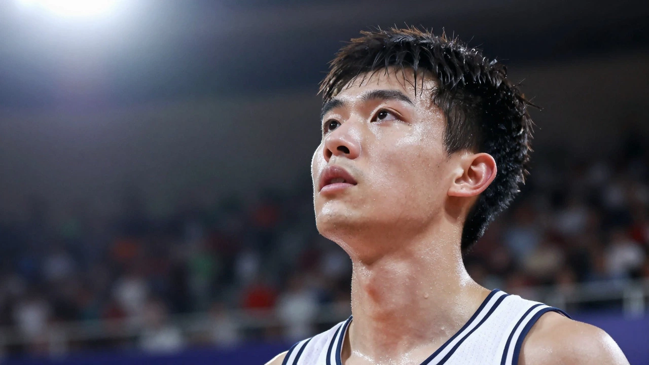Young basketball player looking up at stadium lights in inspiration