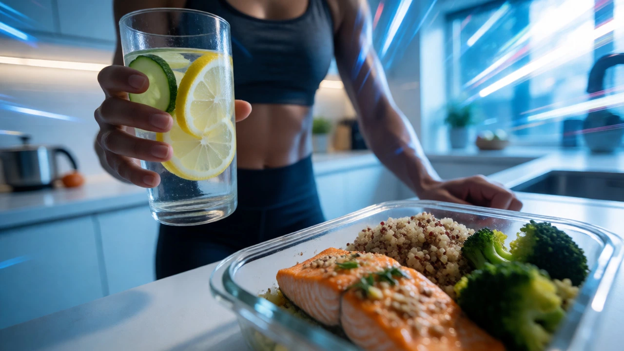 A person drinking infused water next to a healthy salmon and vegetable meal.