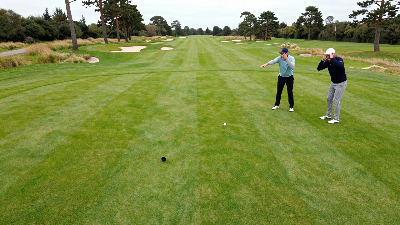 Aerial view of a golf ball rolling back toward players on a UK course