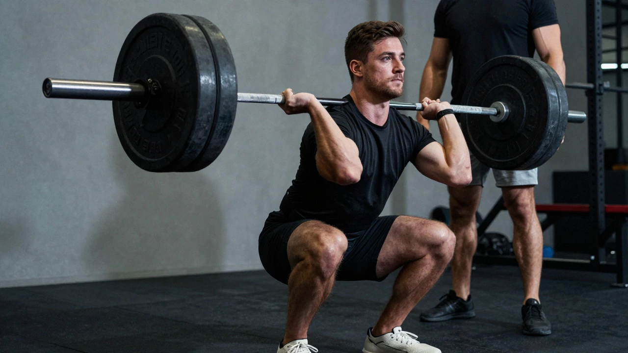 Athlete performing a heavy barbell back squat with proper form