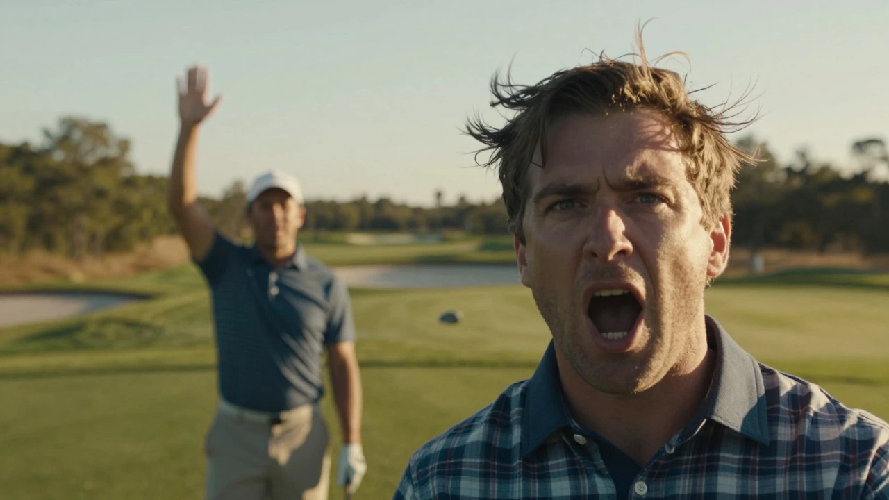 Close-up of a golfer shouting a warning as another player raises a hand to acknowledge it