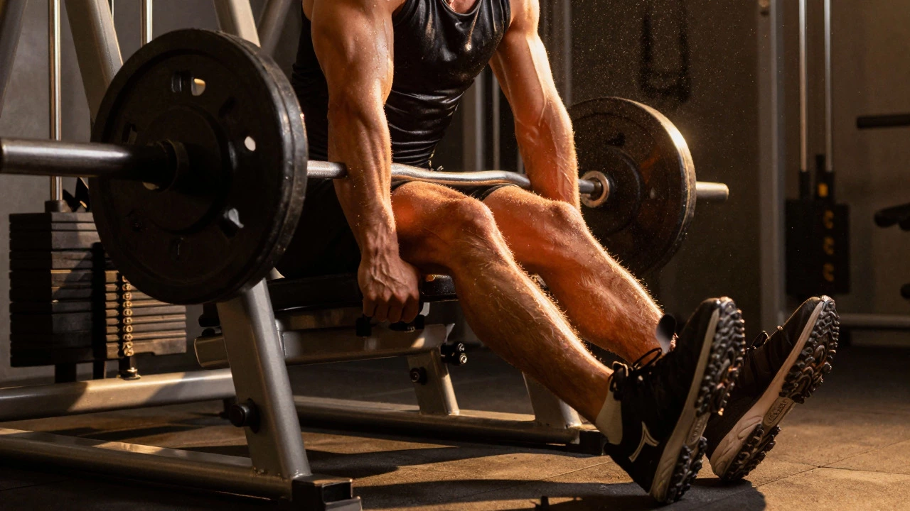 Close-up of an athlete sweating intensely while using a leg press machine