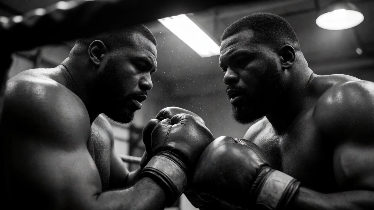 Close-up of exhausted boxers in a gritty, sweaty clinch