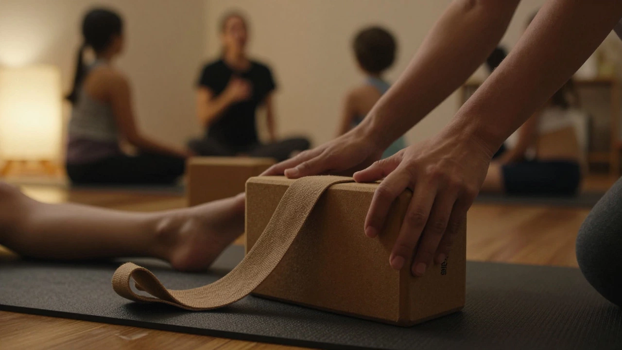 Close-up of hands setting up yoga blocks and straps on a mat
