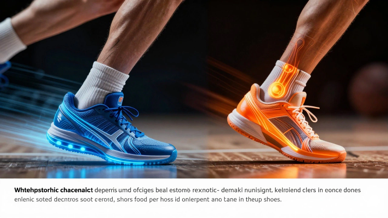 Conceptual illustration showing biomechanical differences between running and basketball shoes