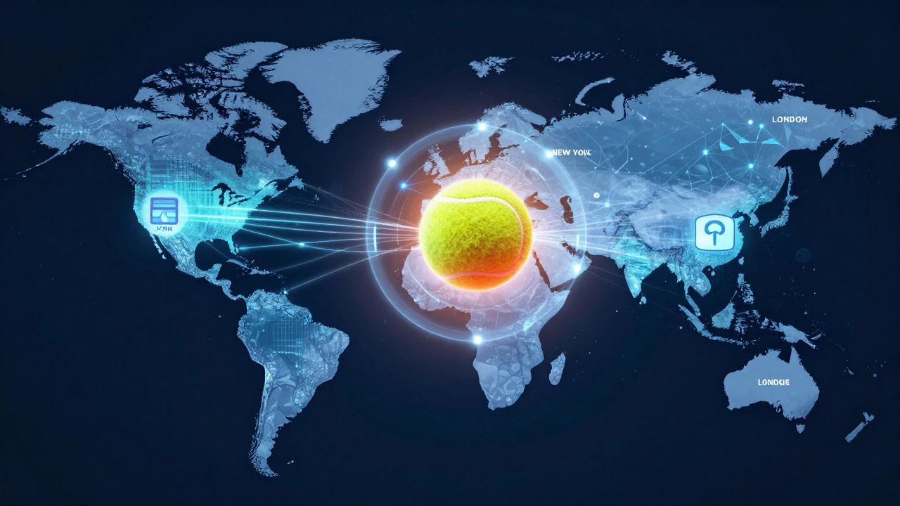Digital art of a world map with data streams connecting cities and a tennis ball
