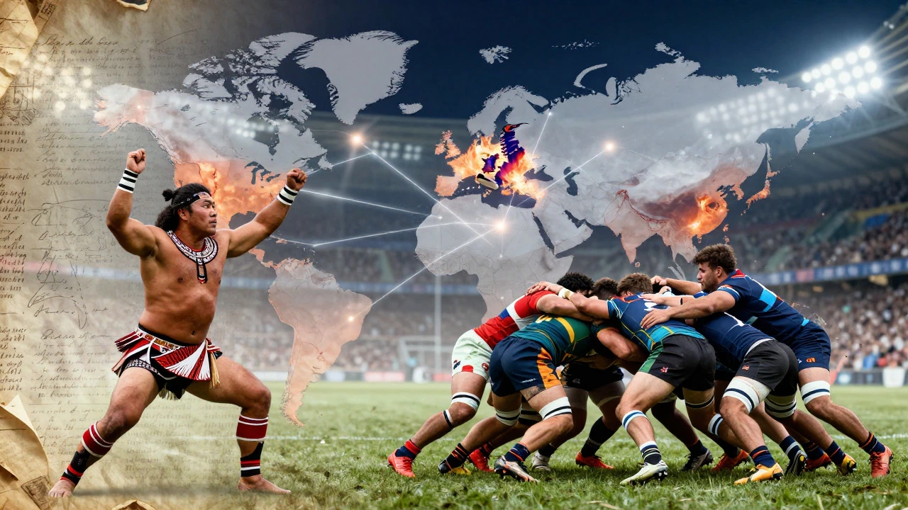 Global rugby heritage showing the haka and international players united.