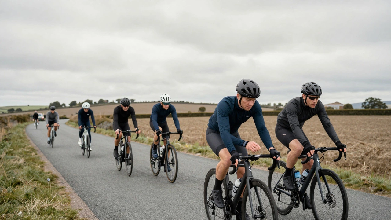 Group of cyclists on a road, one checking their heart rate monitor