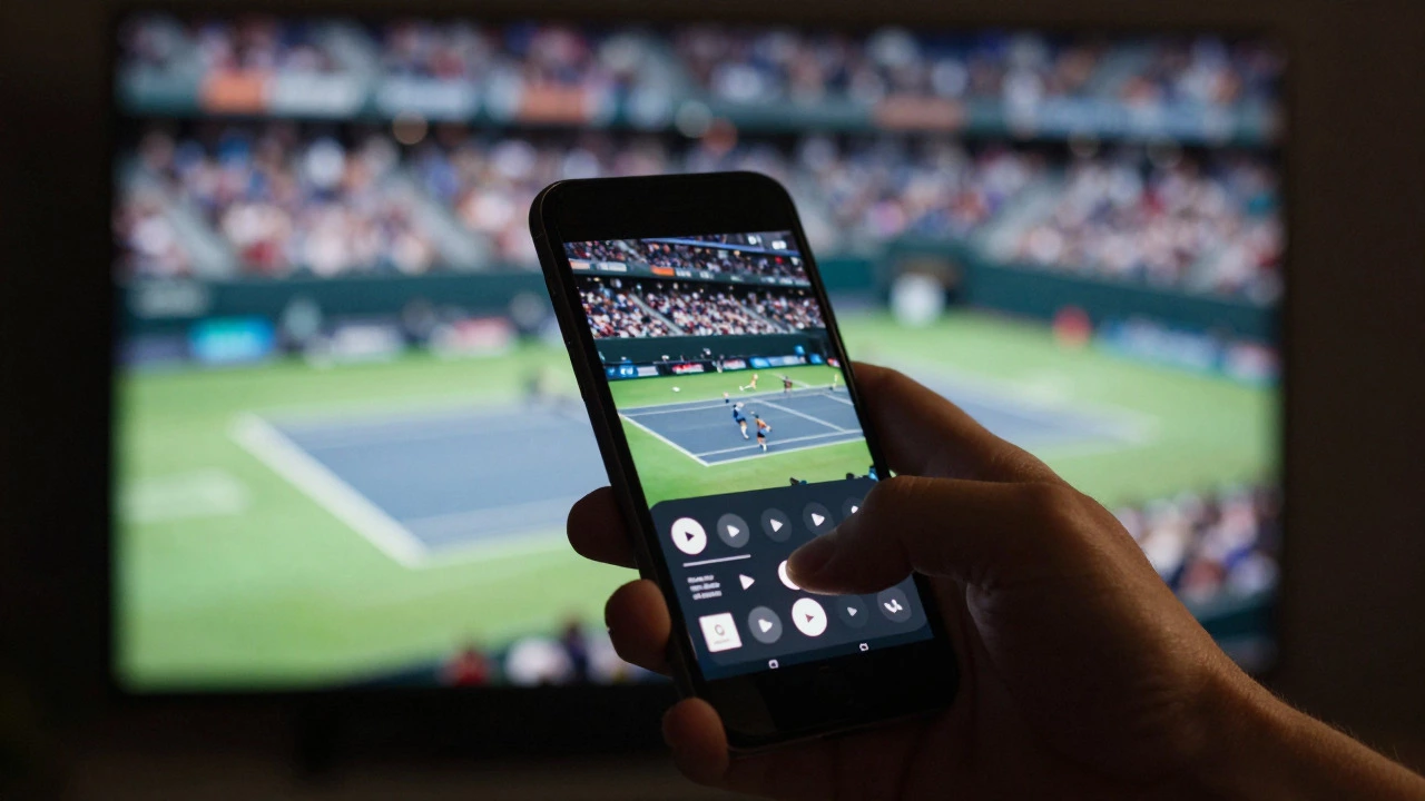 Hand holding a smartphone with a blurred tennis stadium reflection in the background