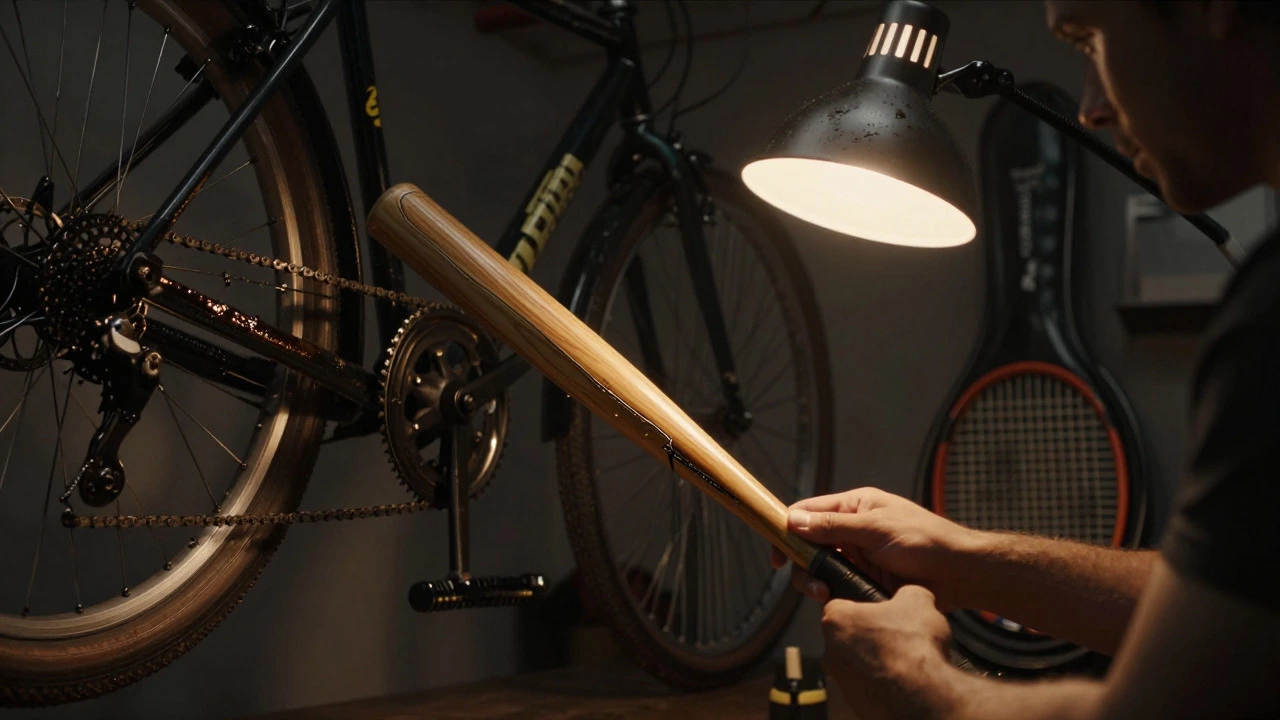 Hands inspecting a cracked baseball bat in a dimly lit workshop with other gear in background