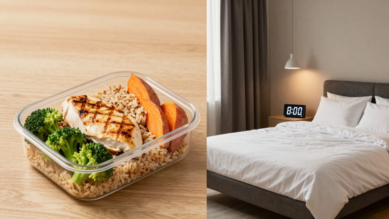 Healthy meal prep and bedroom scene symbolizing nutrition and rest