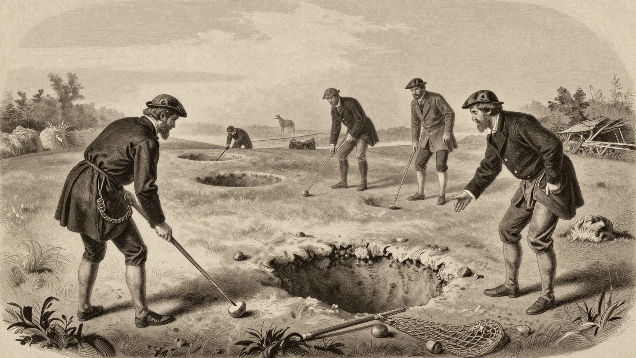 Historical engraving of early Scottish shepherds playing golf