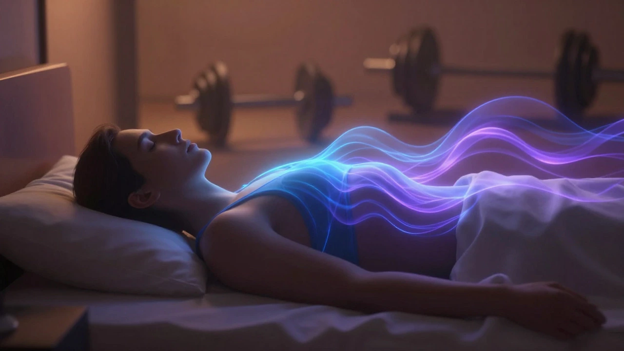 Illustration of a person sleeping with glowing energy representing muscle repair