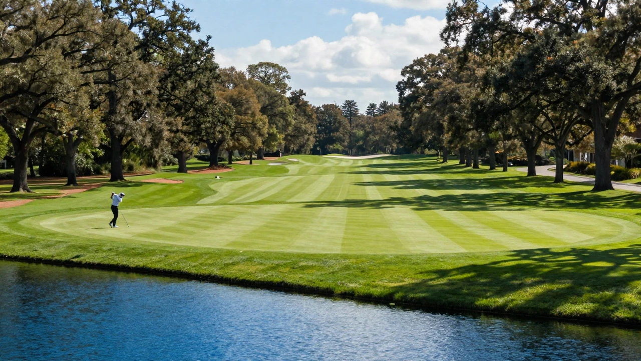 Lush parkland golf course with tree-lined fairways and water hazards