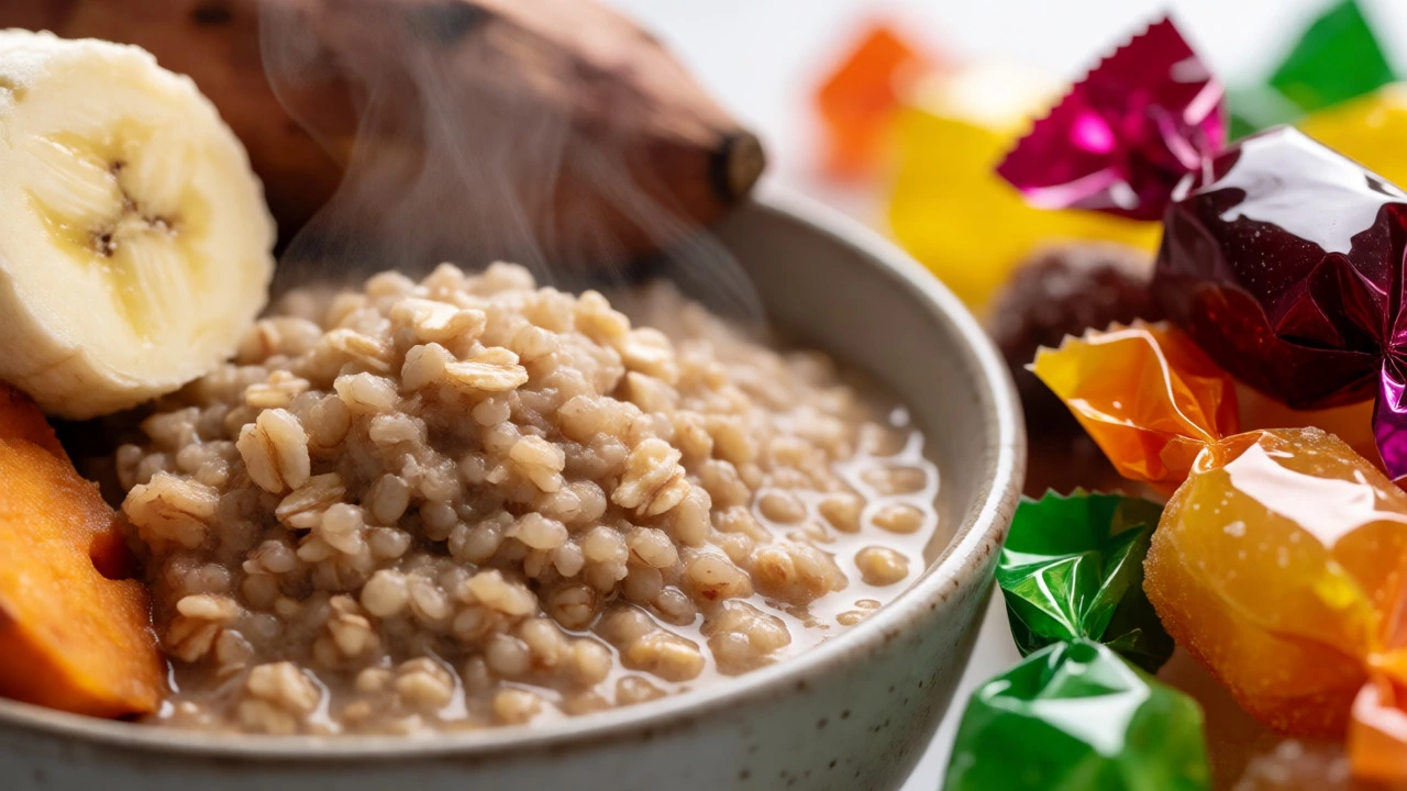 Oats and sweet potatoes contrasting with sugary snacks to show carb choices.