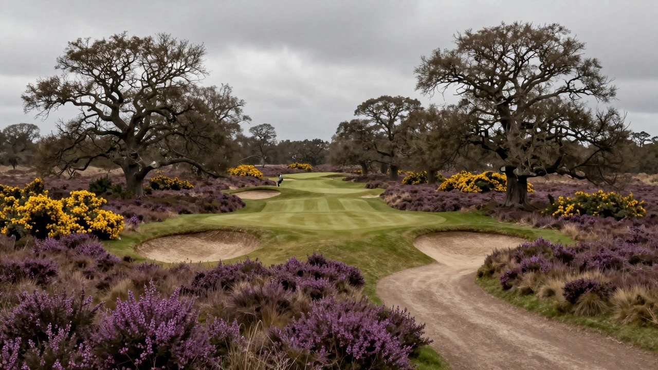 Rugged heathland golf course featuring heather, gorse, and twisted oaks