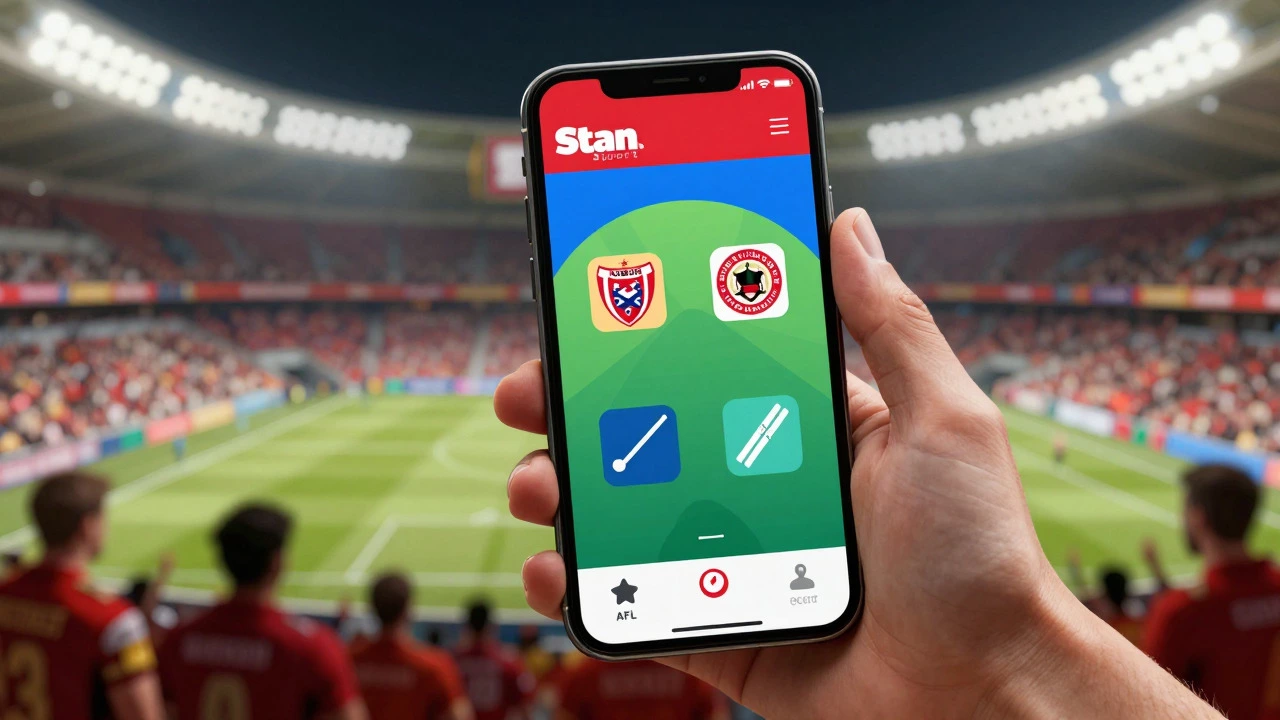 Smartphone displaying sports app icons against stadium