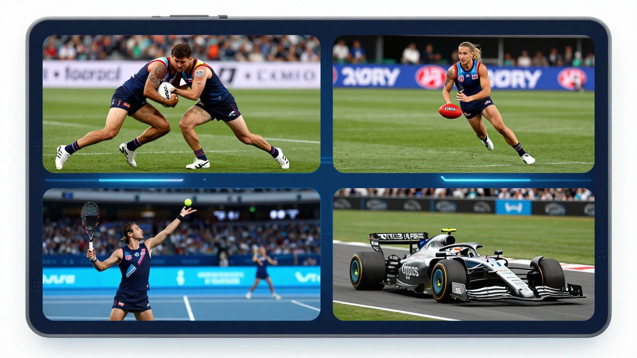 Split-screen graphic showing NRL, AFL, tennis, and F1
