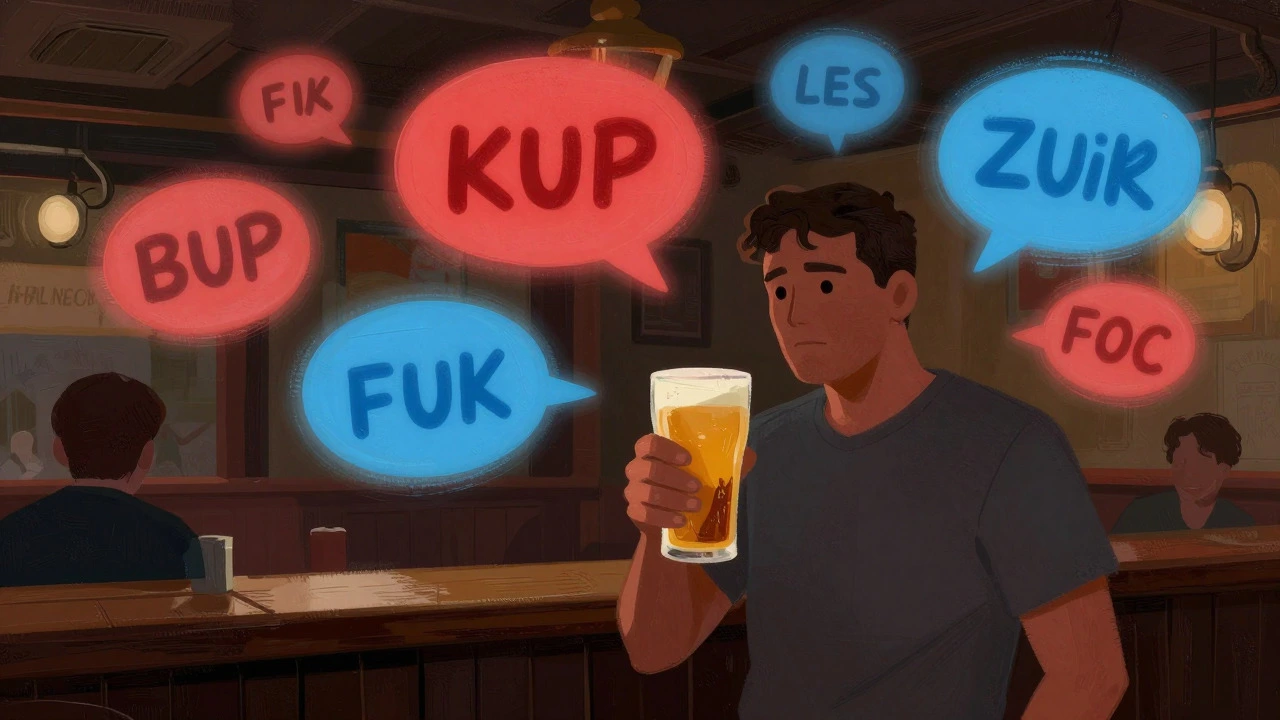 Stylized fan in a pub surrounded by abstract speech bubbles