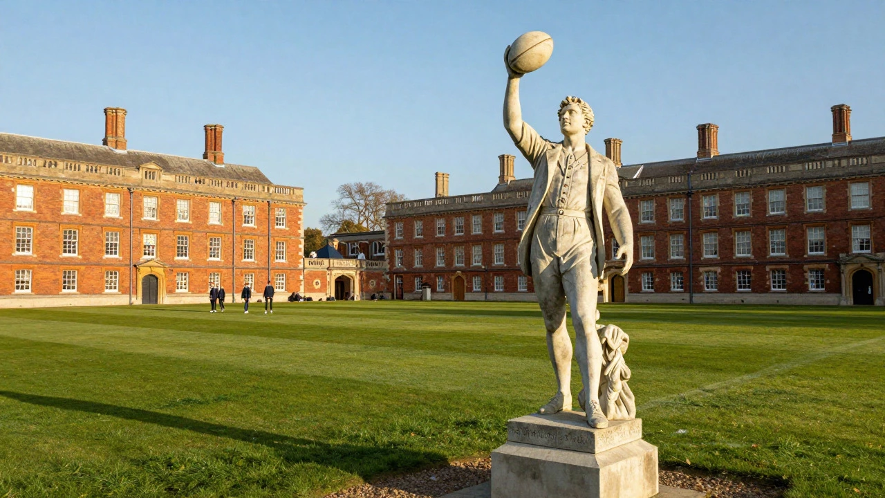 The William Webb Ellis statue on the grounds of Rugby School in England.