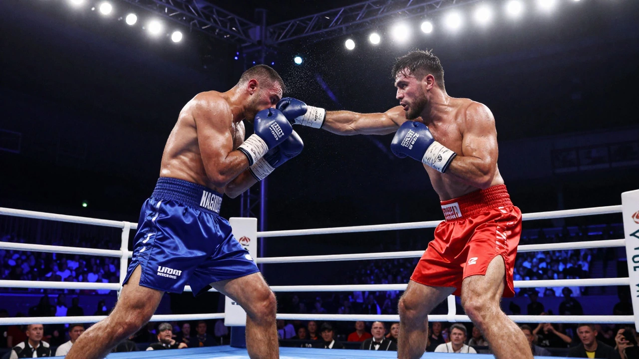 Two heavyweight boxers exchanging punches in a bright arena ring