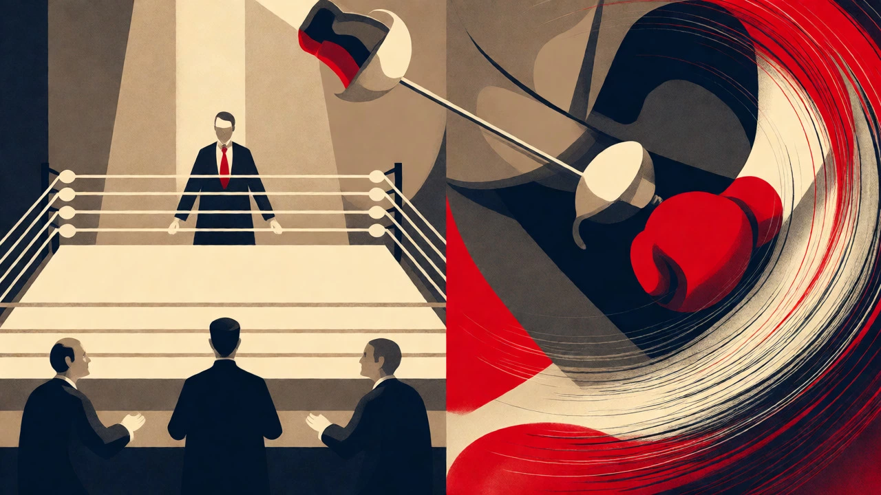 Vintage-style artistic depiction contrasting formal bouts with chaotic fights