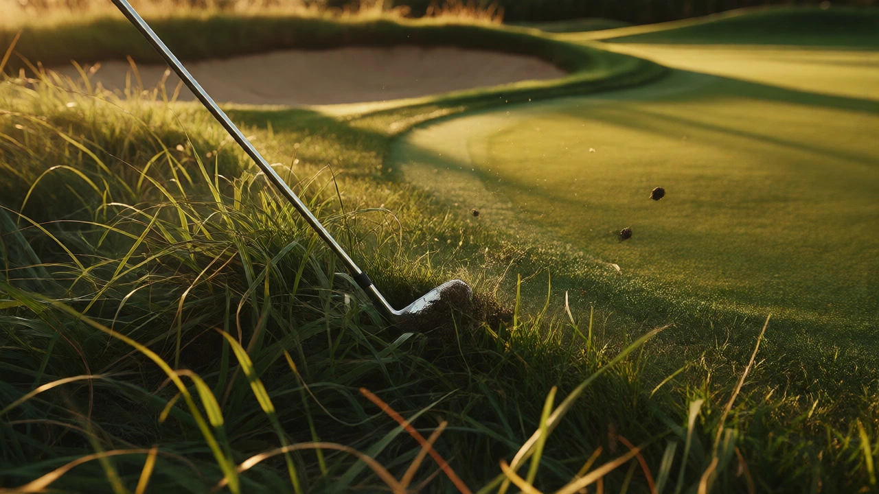Close-up of a golfer chipping a ball from the rough near a sand bunker.