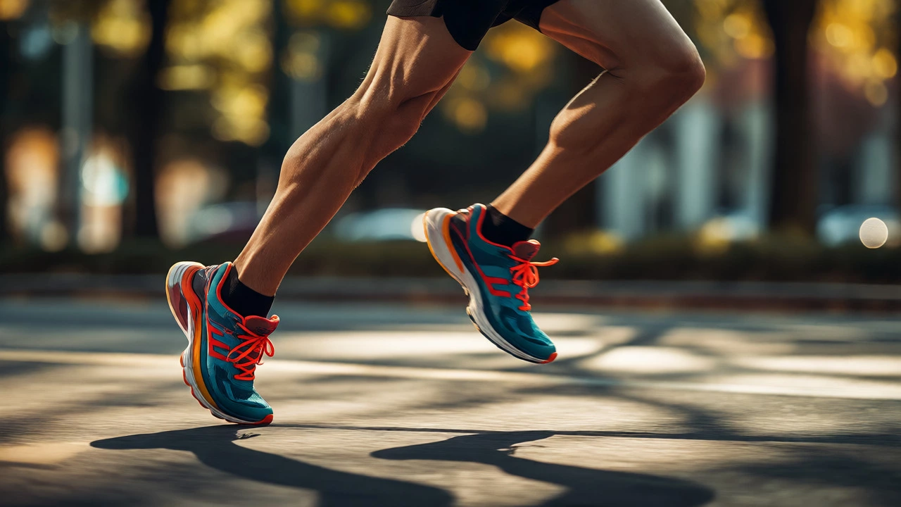 Close-up of runner's legs and feet in motion during a peak training run