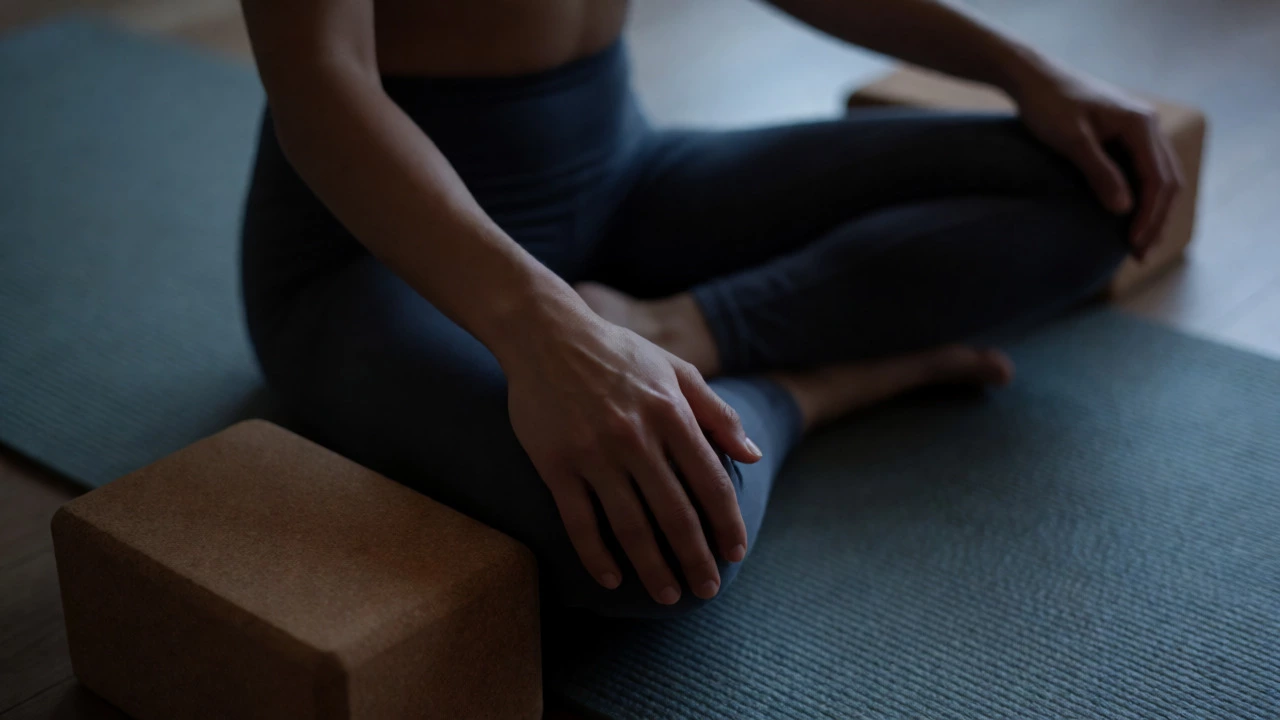 Close-up of seated yoga pose with cork blocks nearby
