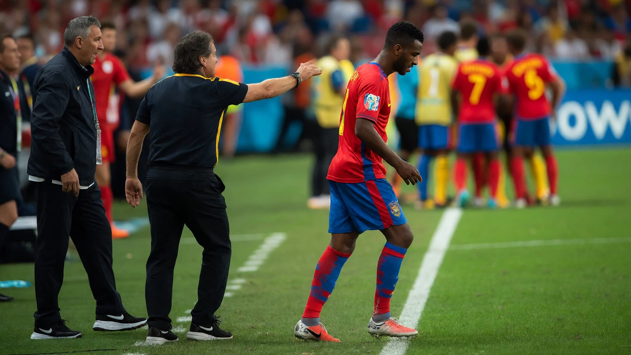 Coach making a tactical substitution as a fresh player enters the field.