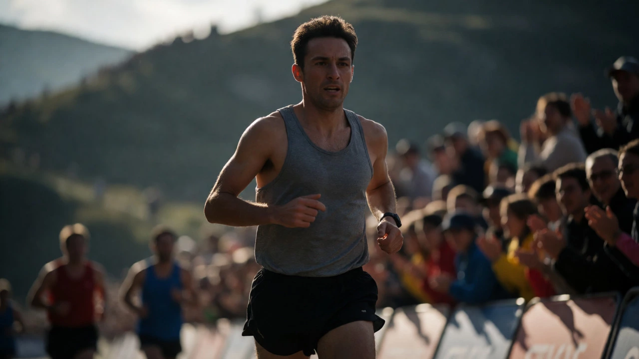 Exhausted male runner struggling near end of marathon