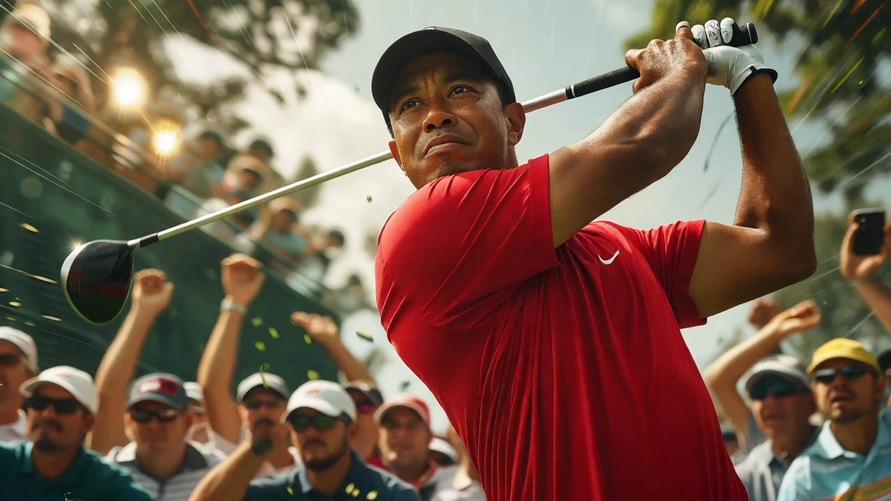 Golfer in red shirt swinging driver with intense focus and power