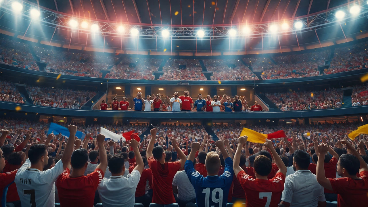 Large stadium crowd celebrating soccer matches with international club jerseys.