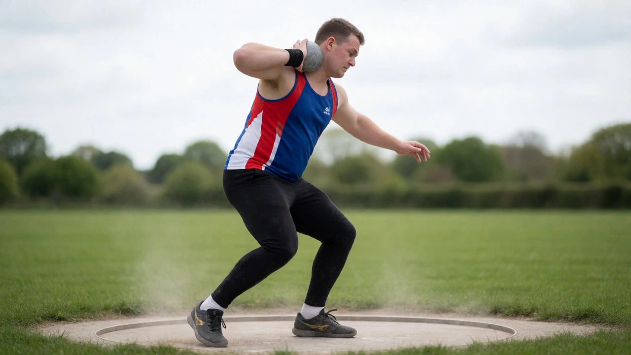Male athlete performing a shot put throw in an outdoor circle.