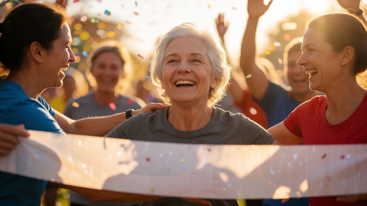 Older woman smiling as she crosses marathon finish line