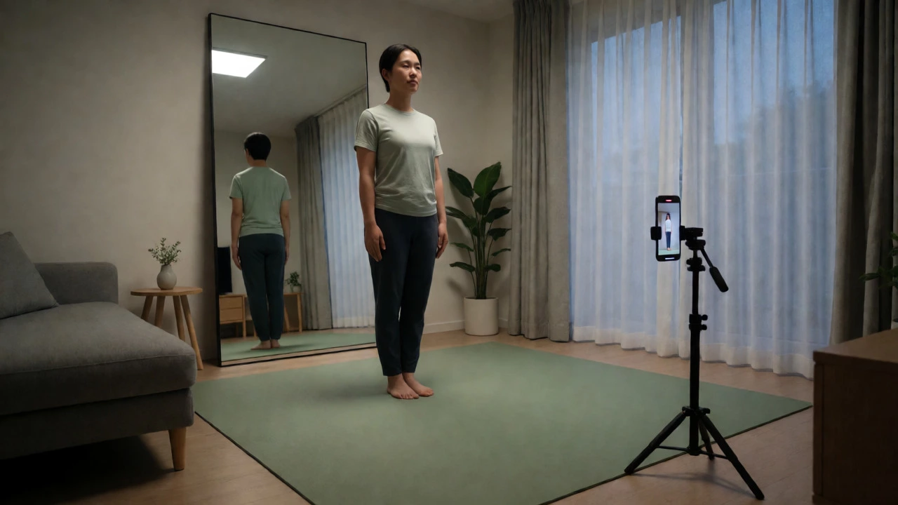 Person checking form in mirror while recording yoga session