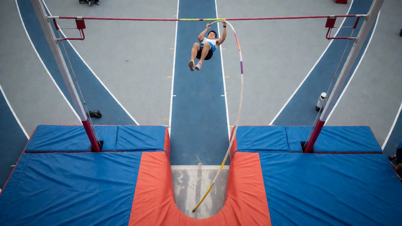 Pole vaulter arching over the bar with a bent fiberglass pole above a mat.