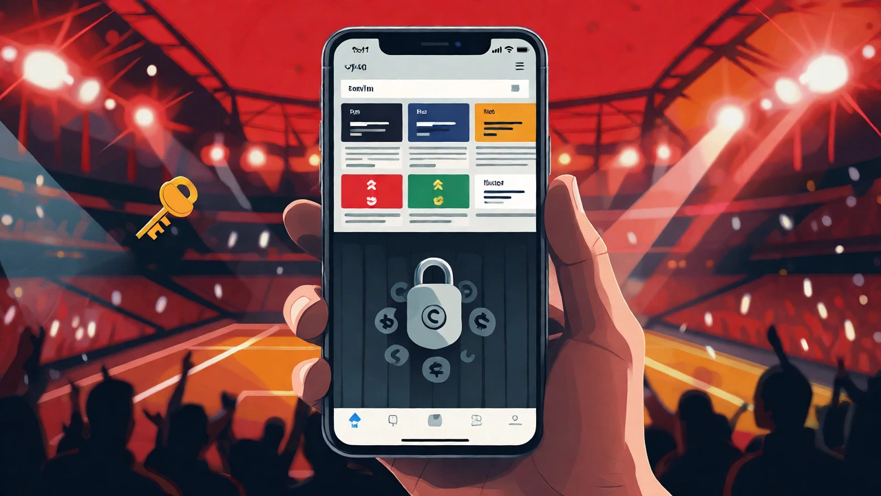 Smartphone app interface with locked live video section and floating gold key.