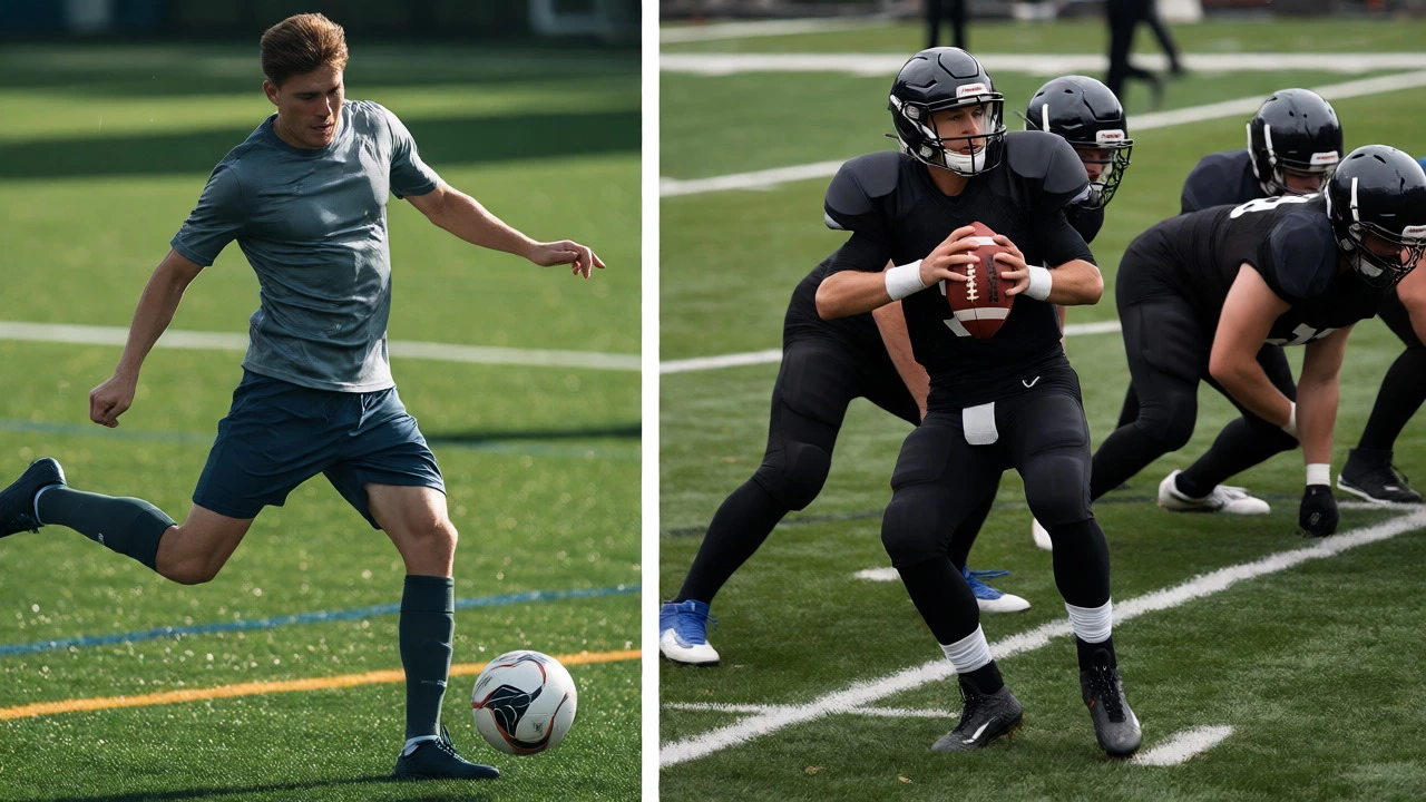 Soccer player kicking a ball alongside an American football quarterback throwing.