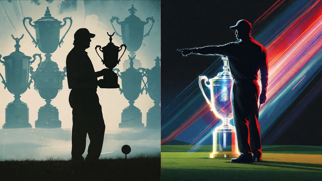 Split screen showing vintage golfer with many trophies vs modern athlete with one large trophy