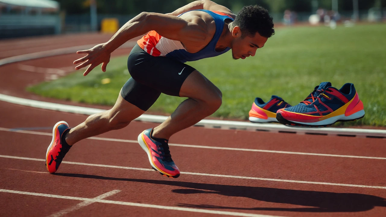 Sprinter in lightweight flats with bulky shoes left behind on sidelines