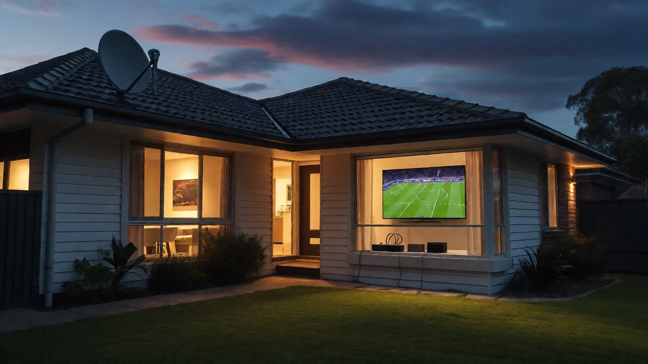 Suburban house exterior with satellite dish and TV visible inside during twilight.