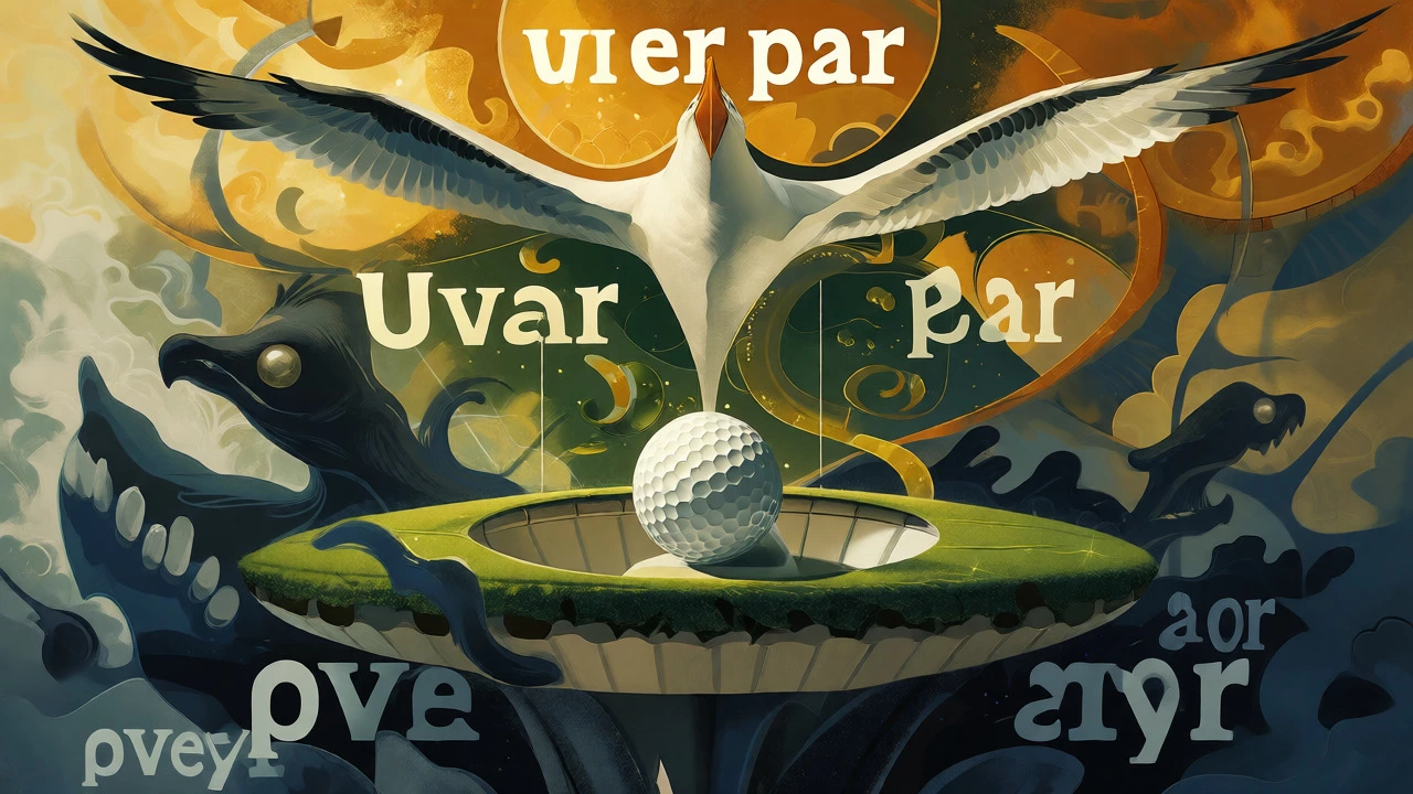 Surreal artistic depiction of golf scoring concepts with birds and shadows.