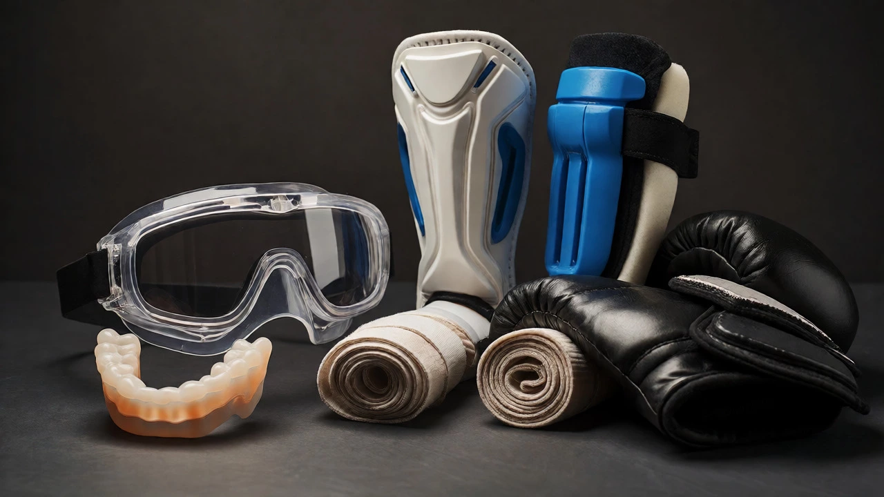 Arrangement of mouthguards, goggles, boxing wraps, and shin guards.