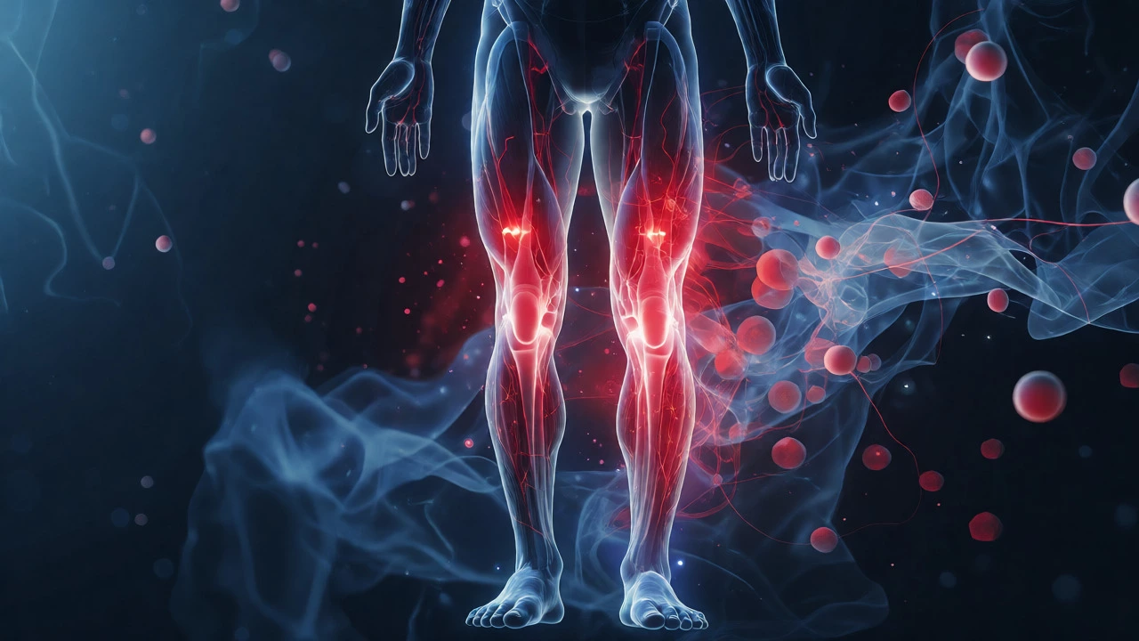 Artistic visualization of muscle inflammation and DOMS in leg muscles