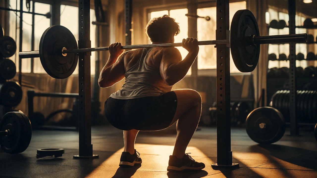 Athlete performing a focused barbell squat with dramatic lighting