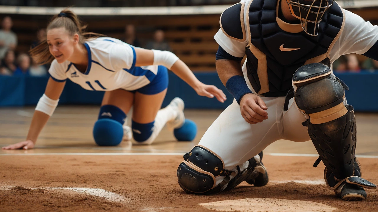 Baseball catcher and diving volleyball player showcasing torso and knee pads.